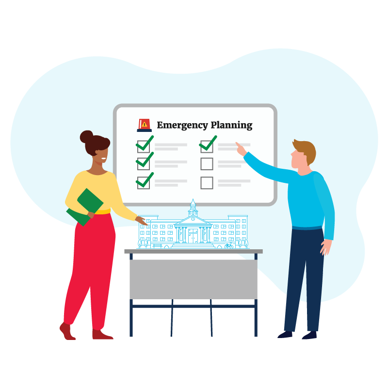Two characters pointing at a white board, reviewing an emergency planning checklist