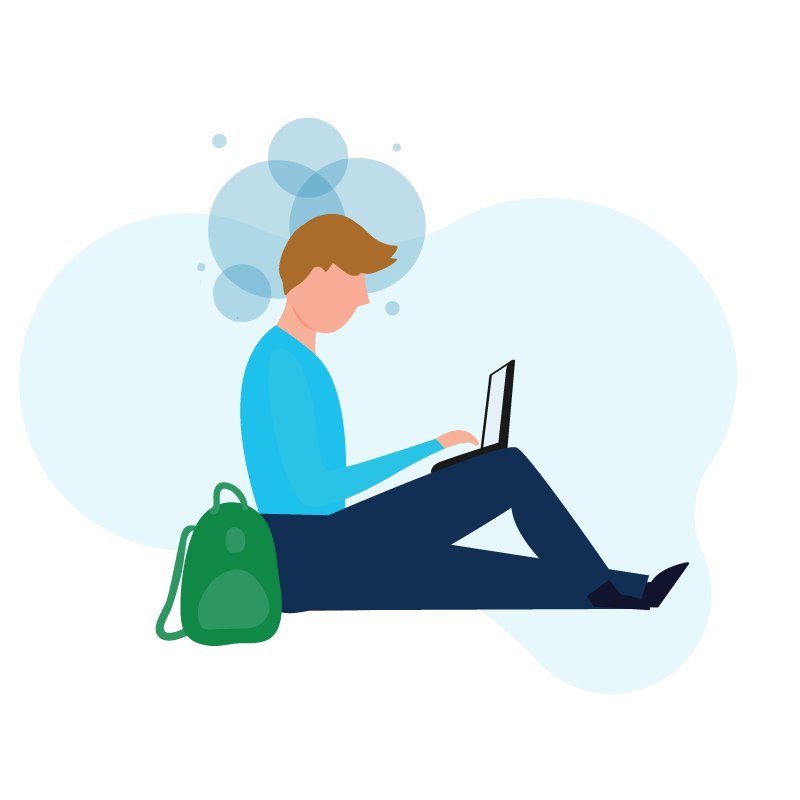 Student with thought bubble around his head working on his computer.